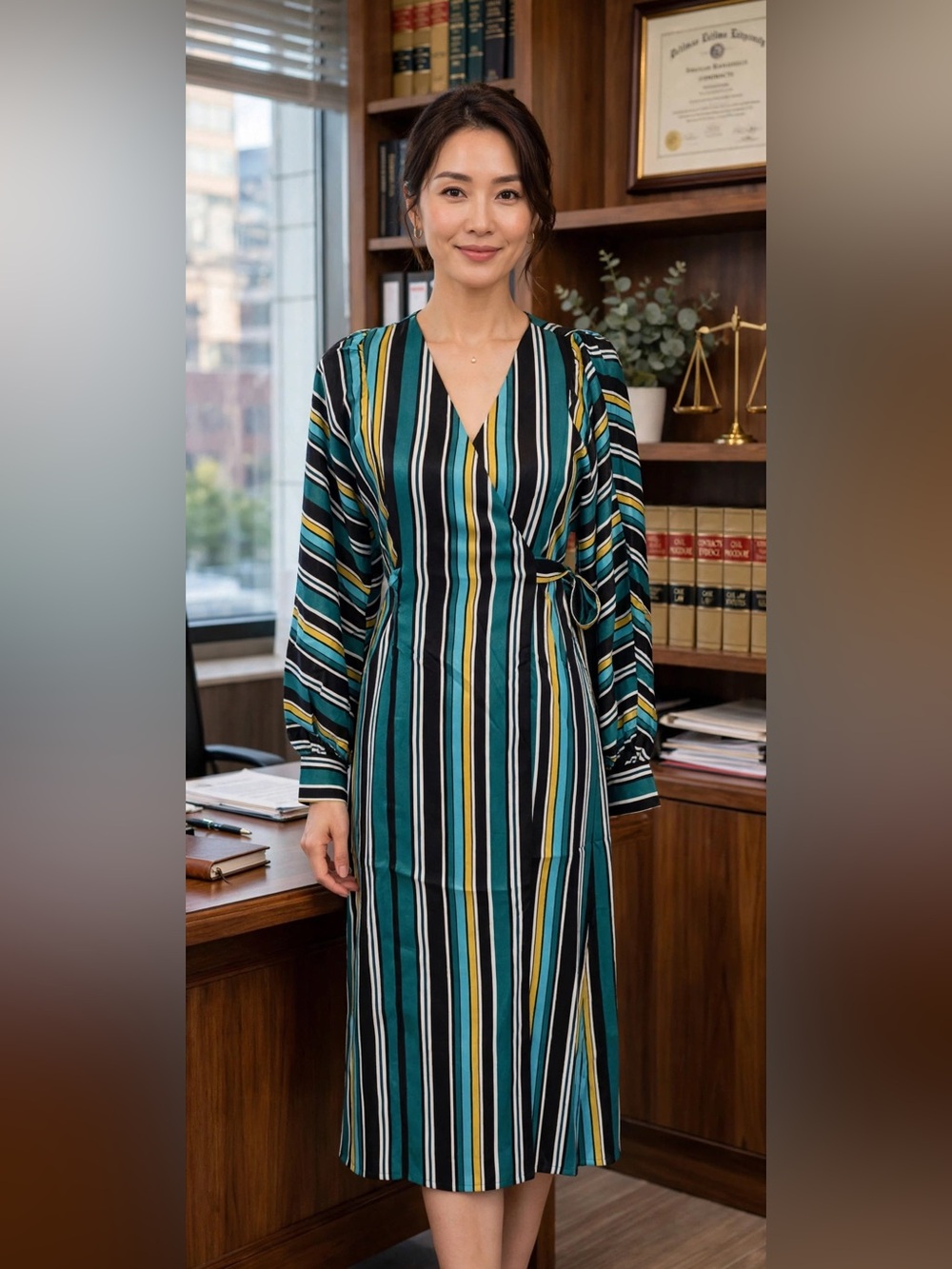 a new day Teal Black White Yellow Striped Long Sleeve Wrap Dress
